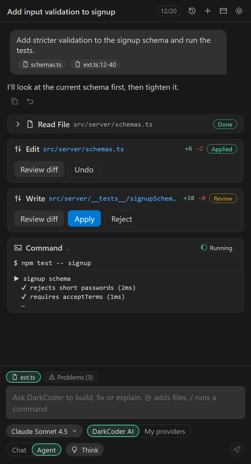 The DarkCoder sidebar in VS Code showing a file read, an applied edit, an edit waiting for review and a running test command